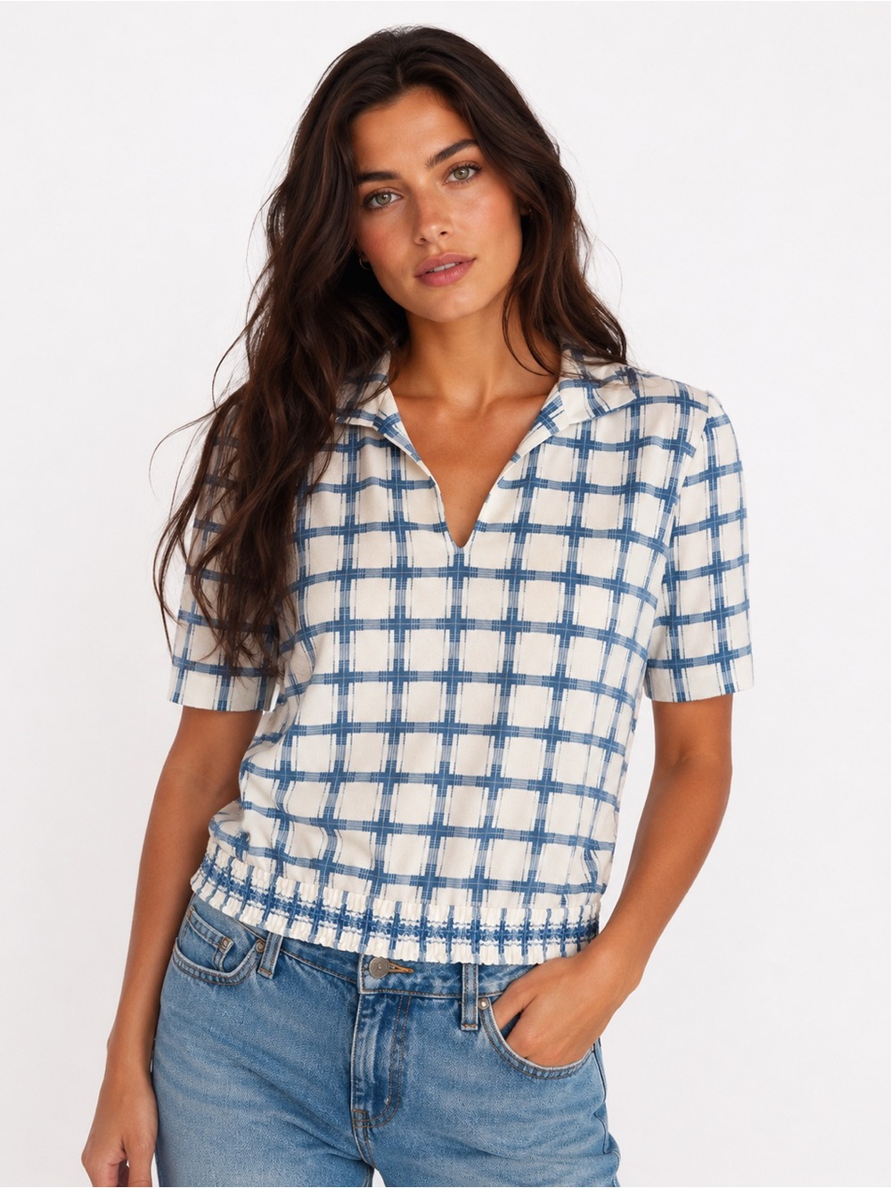 Vintage 70s Graff Californiawear Plaid Blouse USA Made Shirred Hem Disco Top